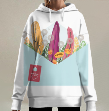 Открытый конверт с клубничными цветами и одуванчиками любовь, Hoodie Long Oversize 3D