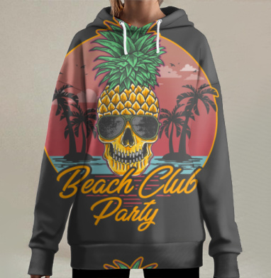 Ананас череп солнцезащитные очки тропики вечерние, Hoodie Long Oversize 3D