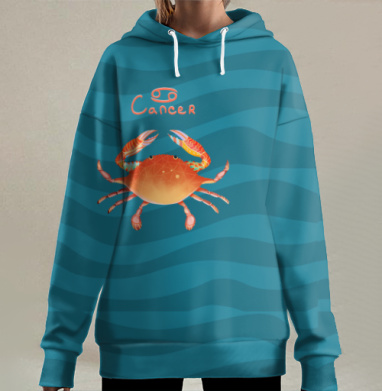 Оранжевый краб символ зодиака Рак волны, Hoodie Long Oversize 3D