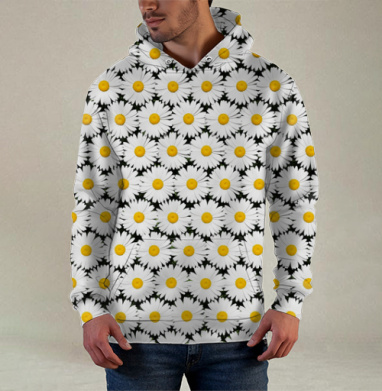 White Daisies Seamless Pattern / Бесшовный узор белые ромашки поле цветы, Худи / Мужская / С карманом / 3D