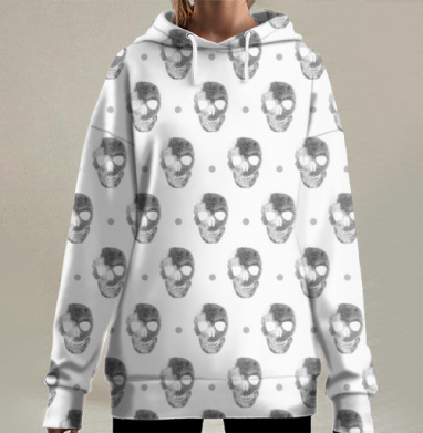 Полная запечатка череп на белом, Hoodie Long Oversize 3D