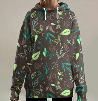 Зелёные листья ягоды рисунок природы лесной узор, Hoodie Long Oversize 3D