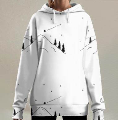 Ночная Гора с Соснами и Звёздами под природой умиротворенности, Hoodie Long Oversize 3D