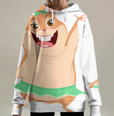 Радостная девочка хомячиха в зелёной юбке машет рукой, Hoodie Long Oversize 3D