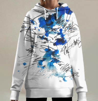 Абстрактная Каллиграфия Синяя Зима Что Делать, Hoodie Long Oversize 3D