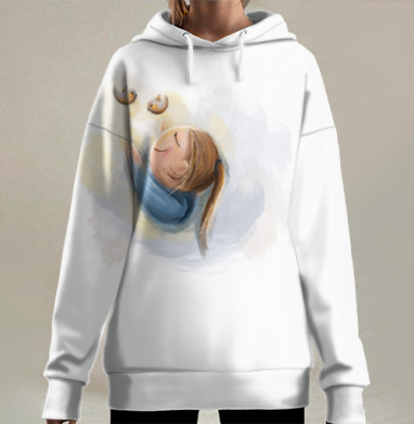 Девочка светло-голубая нежность птицы открытость мира, Hoodie Long Oversize 3D