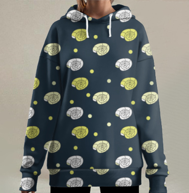 Улитки на темно синем фоне с желтыми точками и линиями, Hoodie Long Oversize 3D