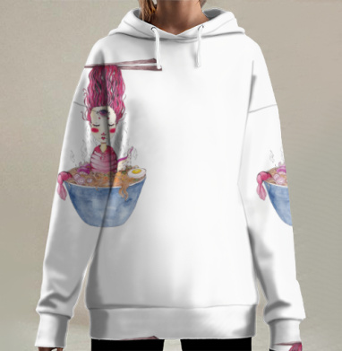 Символическое счастливое слияние девушки с раменом в чаше, Hoodie Long Oversize 3D