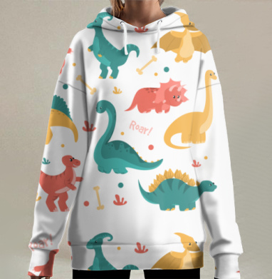 Милые улыбающиеся детеныши динозавров яркий детский паттерн, Hoodie Long Oversize 3D