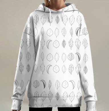 Монохромные стилизованные листья с ботанической четкостью листьев, Hoodie Long Oversize 3D