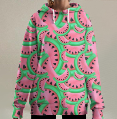 Яркие арбузные дольки летнего настроения, Hoodie Long Oversize 3D