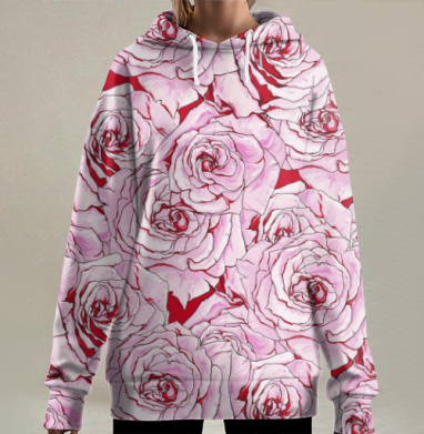 Три розовые розы нежная романтика красивые мазки, Hoodie Long Oversize 3D