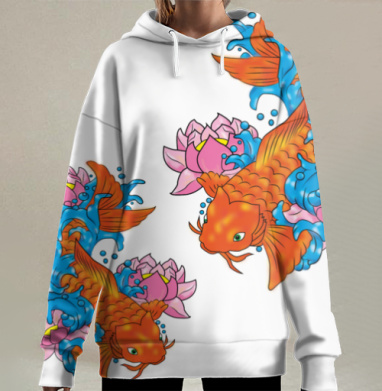 Оранжевый карп синие волны розовые лотосы, Hoodie Long Oversize 3D