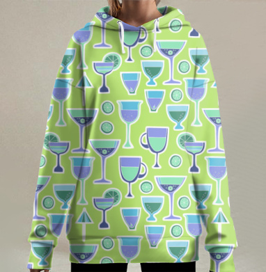 Яркий паттерн с коктейлями и ломтиками лайма, Hoodie Long Oversize 3D