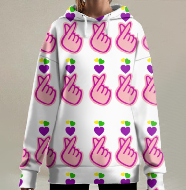 Сердце жест руки с цветными сердцами около, Hoodie Long Oversize 3D