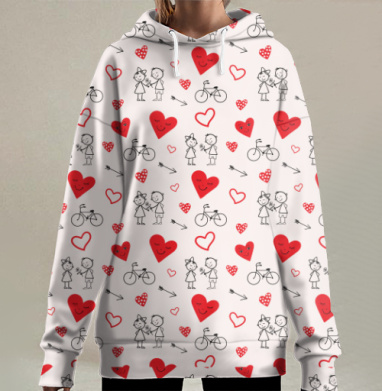 Маленькие влюбленные сердца красный черный белый, Hoodie Long Oversize 3D