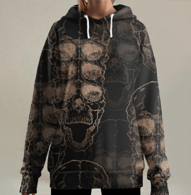 Многослойные черепа в готическом исполнении, Hoodie Long Oversize 3D