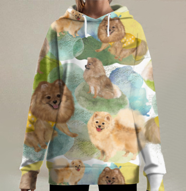 Шпиц немецкий и померанский яркое оформление веселое настроение, Hoodie Long Oversize 3D