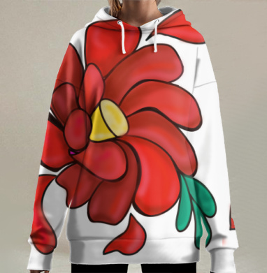 Красный цветок с зелеными листьями и желтым сердцем принт, Hoodie Long Oversize 3D