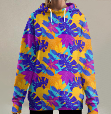 Сочные тропические листья цветы яркие летние, Hoodie Long Oversize 3D