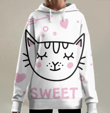 Кот с розовыми щечками милый и нежный SWEET, Hoodie Long Oversize 3D