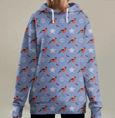 Узор с яркими снегирями и снежинками, Hoodie Long Oversize 3D