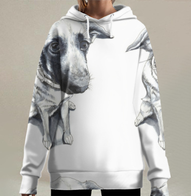 Выразительный взгляд собаки на белом фоне, Hoodie Long Oversize 3D