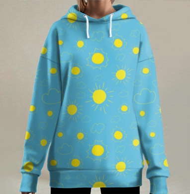 Солнечные небеса с облаками на голубом фоне яркое весеннее настроение, Hoodie Long Oversize 3D