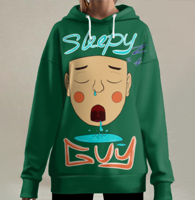 Сонный парень с капающей слюной на тёмно зелёном фоне, Hoodie Long Oversize 3D