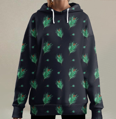 Зелёные ветки сосны на синем фоне для ткани и одежды, Hoodie Long Oversize 3D