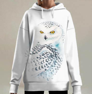 Белая сова в акварельном исполнении, Hoodie Long Oversize 3D