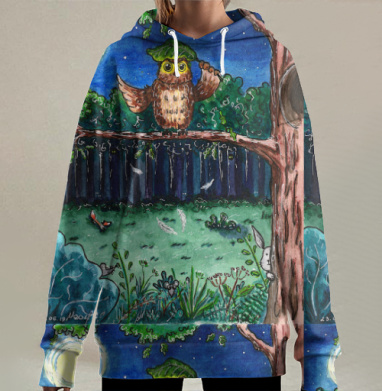Ночная сова с листом под защитой ветка дерева, Hoodie Long Oversize 3D