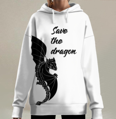Милый черный дракон с крыльями ползет по футболке Save the dragon, Hoodie Long Oversize 3D