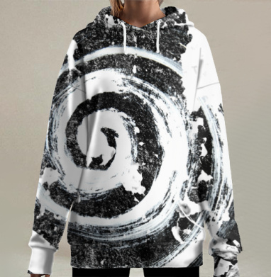 Абстрактный спиральный узор в черно-белом стиле, Hoodie Long Oversize 3D