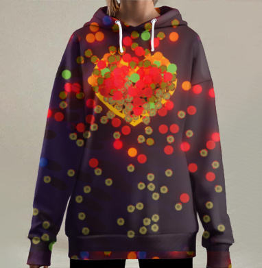 Формирование Светящегося Сердца из Цветных Частиц на поверхности, Hoodie Long Oversize 3D