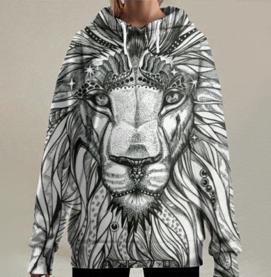 Величественный портрет льва в монохромной графике, Hoodie Long Oversize 3D