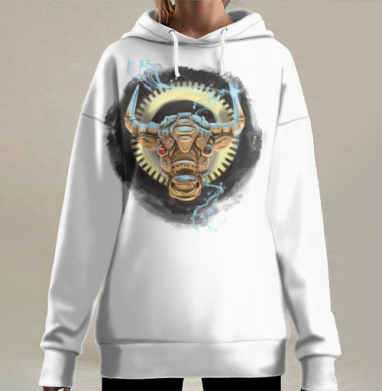 Кибернетический бык бронзовый в дыму мощь настойчивость, Hoodie Long Oversize 3D
