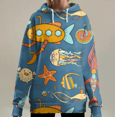 Субмарина и подводный мир, Hoodie Long Oversize 3D