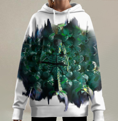 Зеленый скелет среди черепов в символике жизни смерти, Hoodie Long Oversize 3D