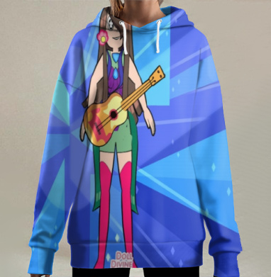 Яркая девушка с гитарой играет музыку в сиянии света, Hoodie Long Oversize 3D