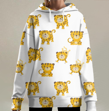 Весёлые забавные тигрята на сером фоне тигрята на сером фоне, Hoodie Long Oversize 3D