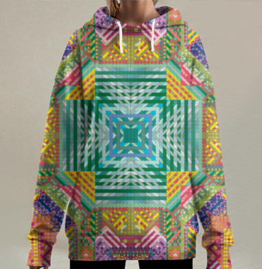 Симметричная геометрическая мозаика на текстиле яркие узоры, Hoodie Long Oversize 3D