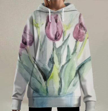 Нежный букет тюльпанов в прозрачной вазе светлых оттенков, Hoodie Long Oversize 3D