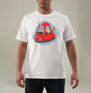 Мужчина в крошечном красном автомобиле показывает агрессивный жест - kunta printshop