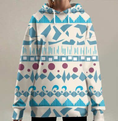 Геометрический Орнамент Стиль Синий Бордовый, Hoodie Long Oversize 3D