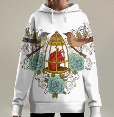 Птицы у клетки с сердцем в винтажных узорах, Hoodie Long Oversize 3D