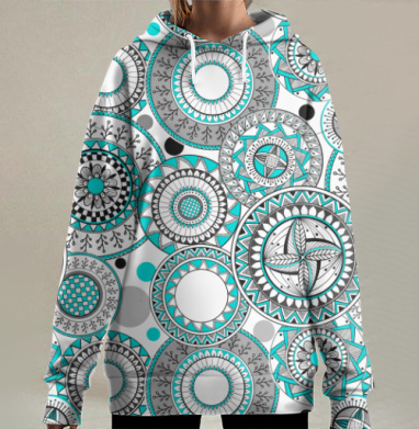 Узорчатые круги - бирюзовый, Hoodie Long Oversize 3D