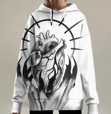 Черно белое сердце с огненными языками и ореолом, Hoodie Long Oversize 3D