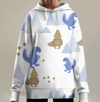 Весёлые милые динозавры гуляют в горах, Hoodie Long Oversize 3D