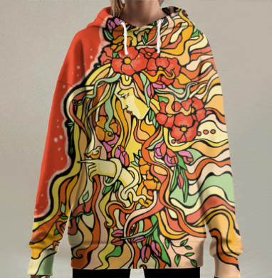 Женщина с цветами и птицей в гармонии с природой – природа покоя жизни, Hoodie Long Oversize 3D